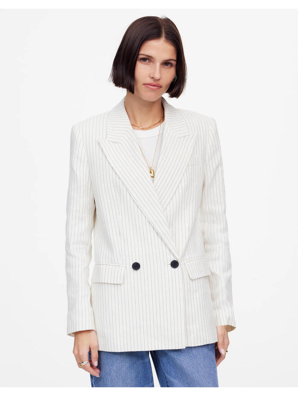 NEW Madewell Relaxed Blazer in Ivory/Black Pinstripe Linen Blend Women's size 8